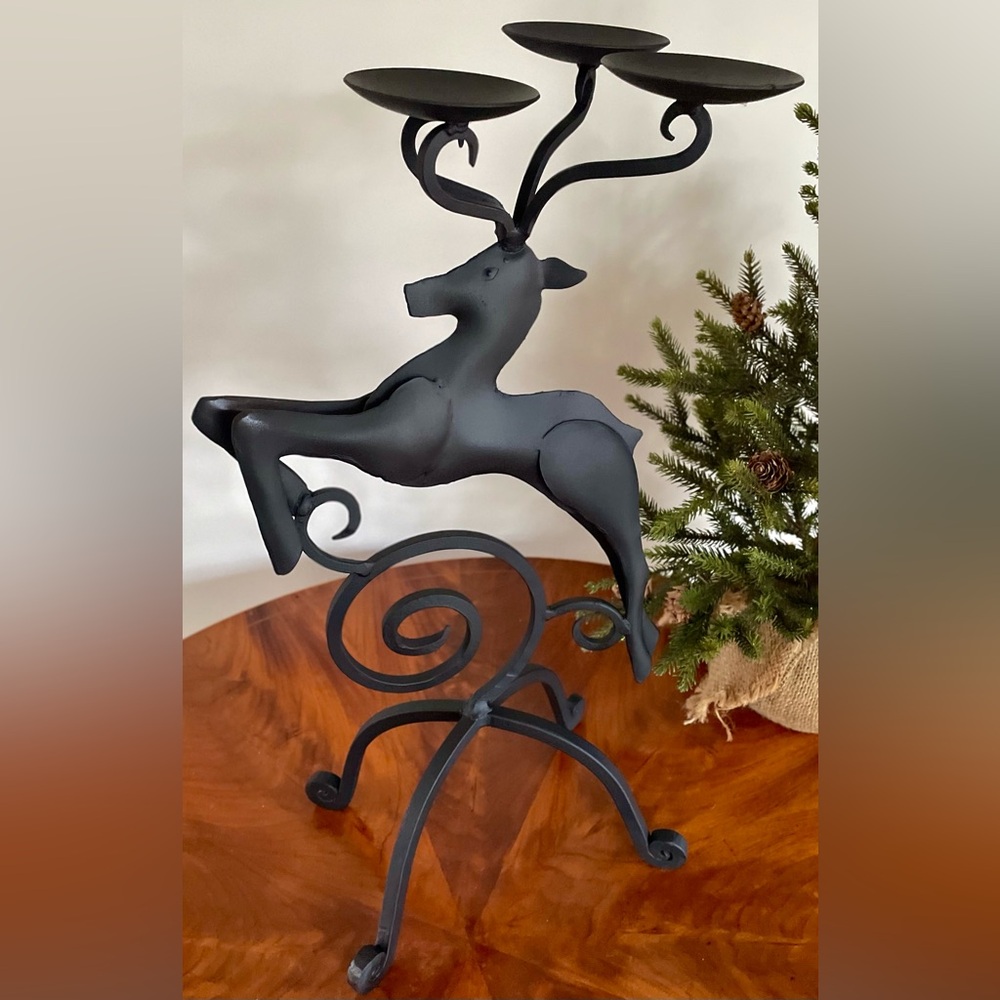 LARGE BLACK METAL HOLIDAY LEAPING DEER CANDLE HOLDER